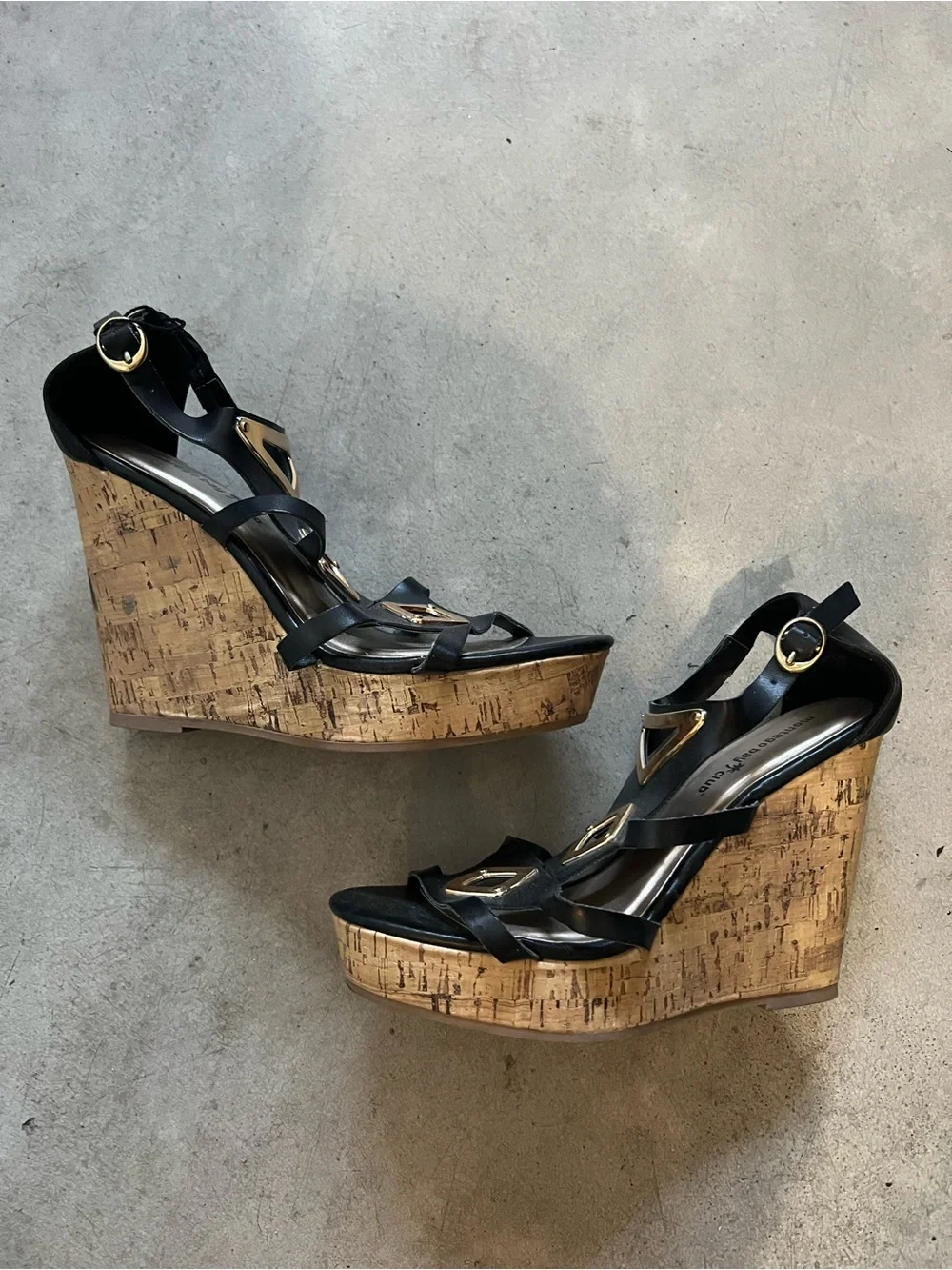 Montego Bay Club Black Wedge Sandals with Cork Platform and Gold Accents